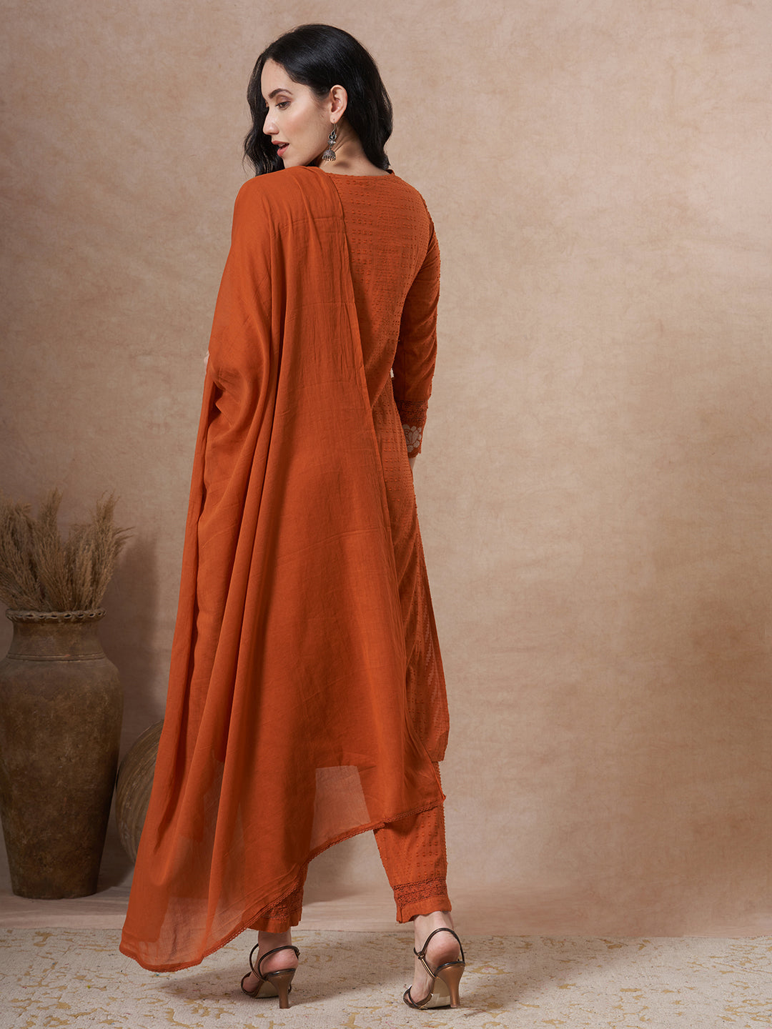 Floral Embroidered Straight Fit Kurta with Pant and Dupatta - Rust