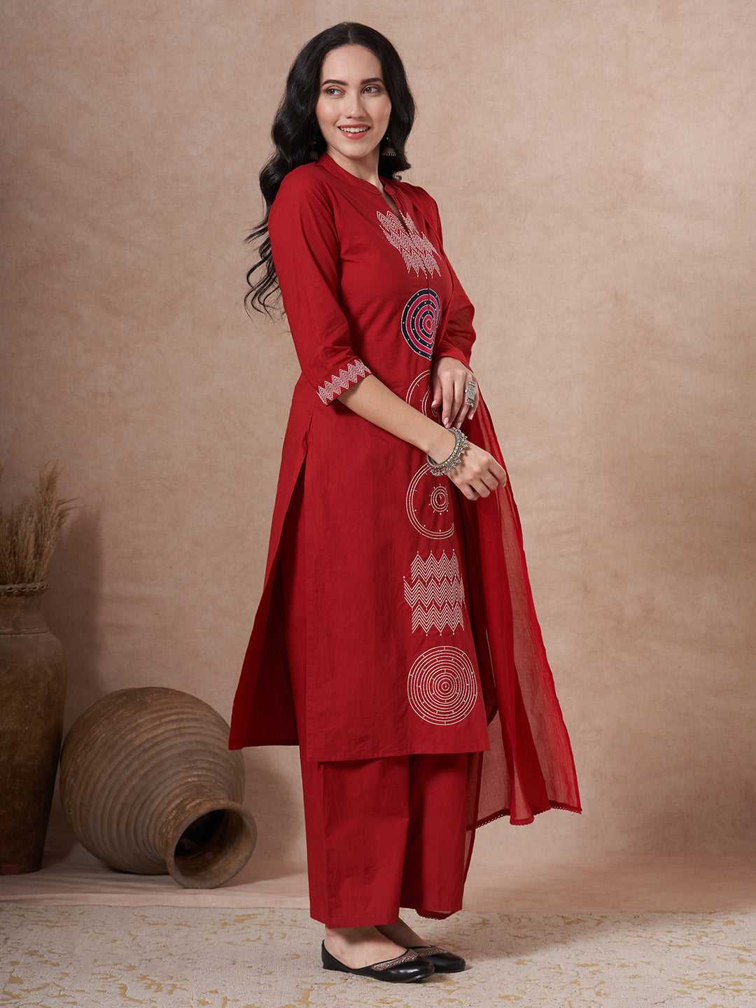 Solid Threadwork Embroidered Straight Fit Kurta with Palazzo and Dupatta - Red