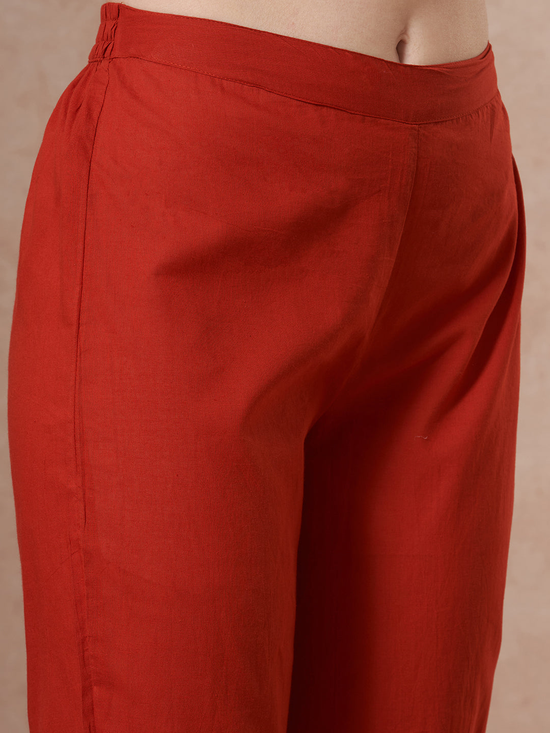 Ethnic Floral Printed & Embroidered Straight Kurta with Pant & Dupatta - Rust