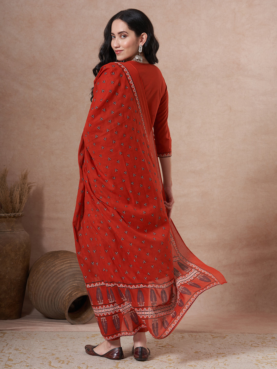 Ethnic Floral Printed & Embroidered Straight Kurta with Pant & Dupatta - Rust