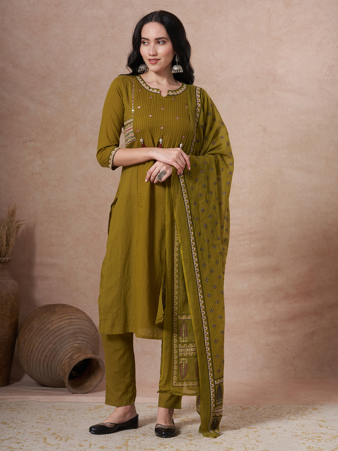 Ethnic Floral Printed & Embroidered Straight Kurta with Pant & Dupatta - Green