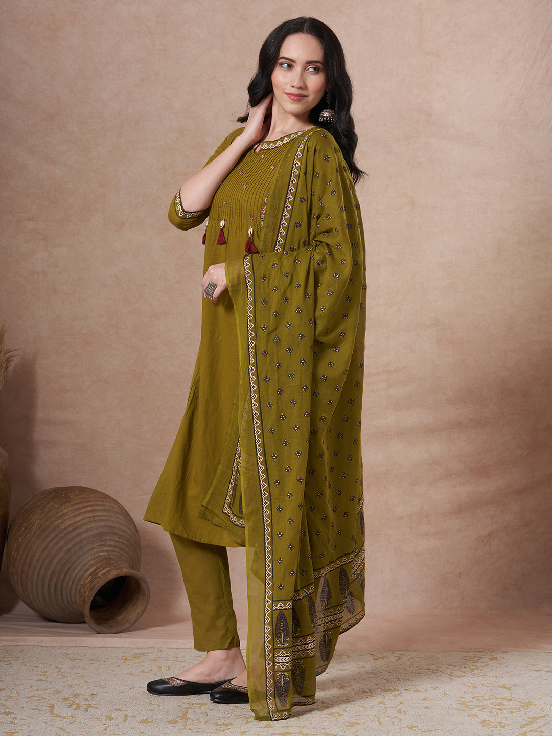 Ethnic Floral Printed & Embroidered Straight Kurta with Pant & Dupatta - Green