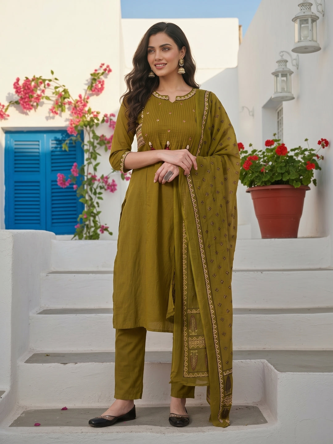 Ethnic Floral Printed & Embroidered Straight Kurta with Pant & Dupatta - Green