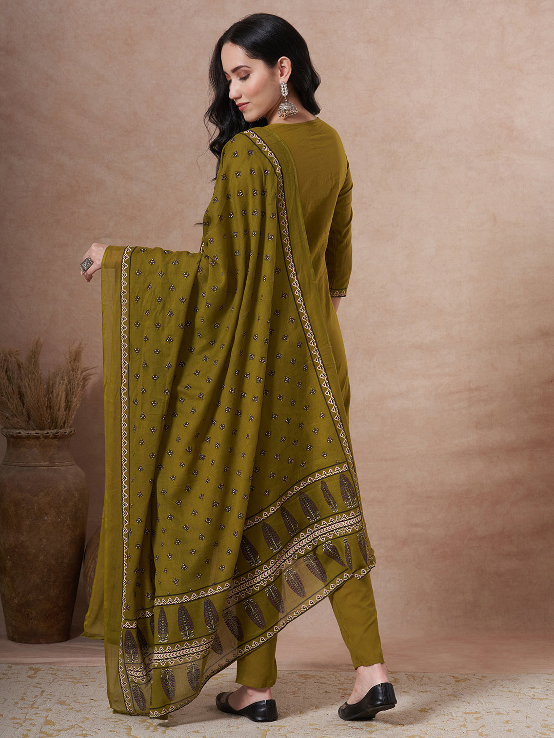 Ethnic Floral Printed & Embroidered Straight Kurta with Pant & Dupatta - Green
