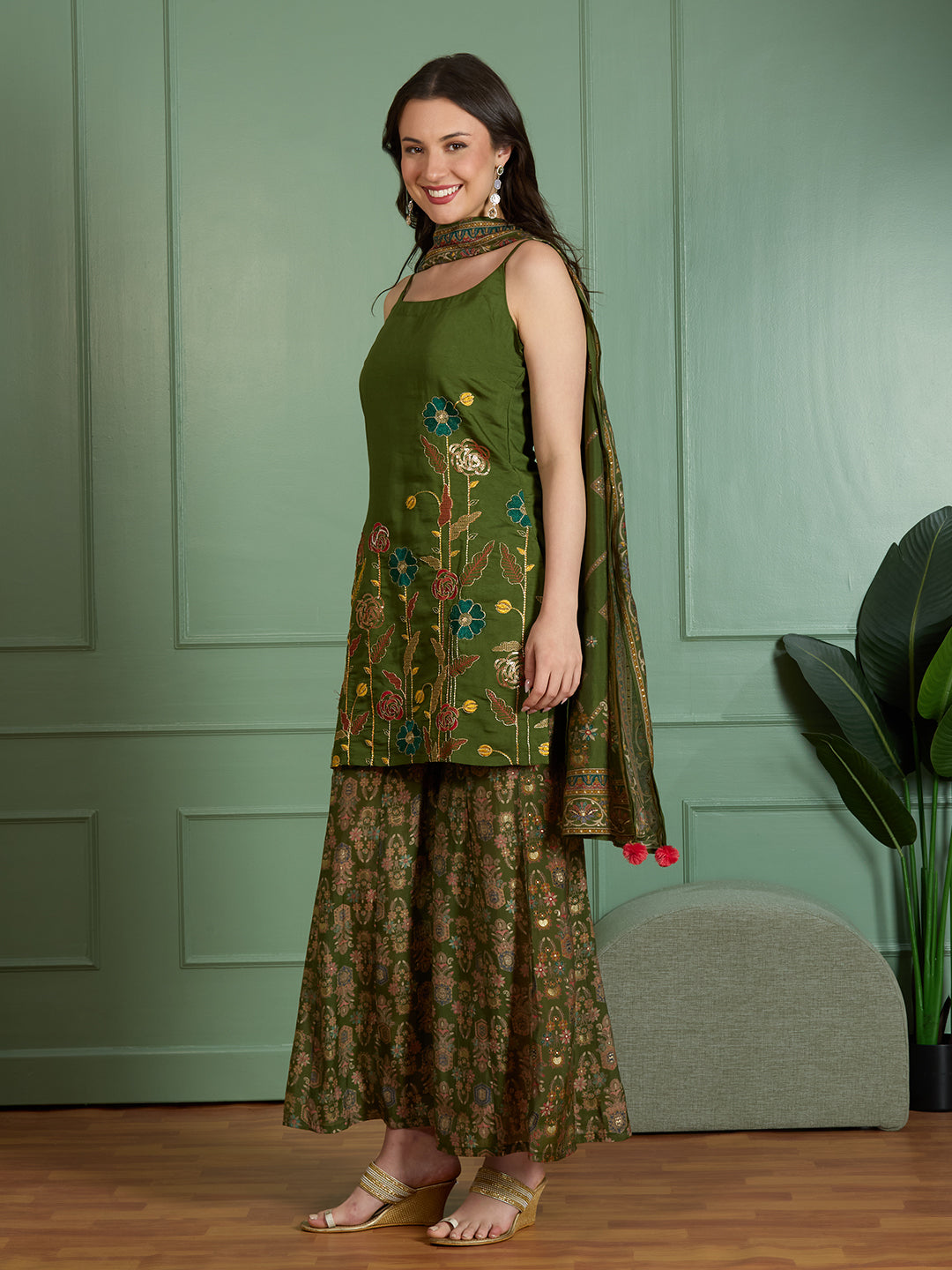 Festive Solid Floral Embroidered Straight Fit Kurti with Sharara and Dupatta - Green