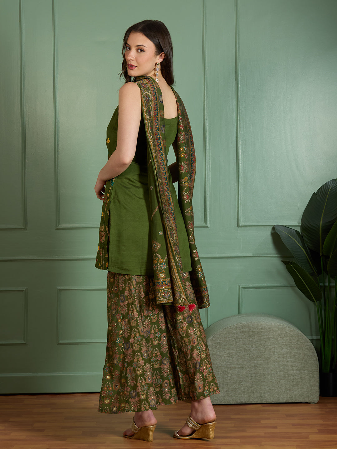 Festive Solid Floral Embroidered Straight Fit Kurti with Sharara and Dupatta - Green