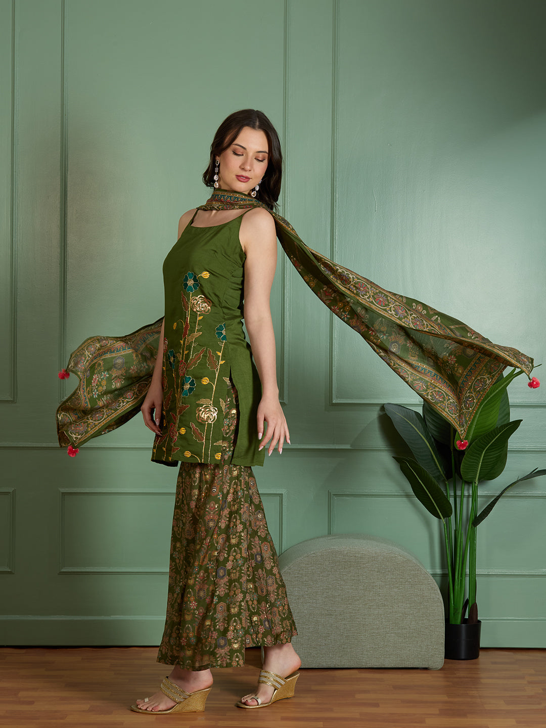 Festive Solid Floral Embroidered Straight Fit Kurti with Sharara and Dupatta - Green