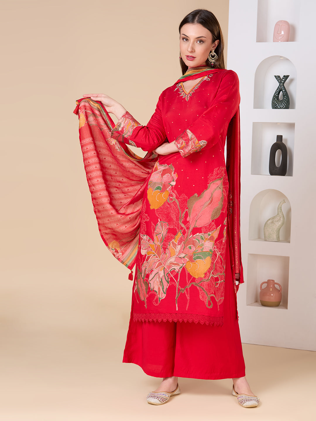 Abstract Floral Printed Embroidered Straight Fit Kurta with Palazzo and Dupatta - Red