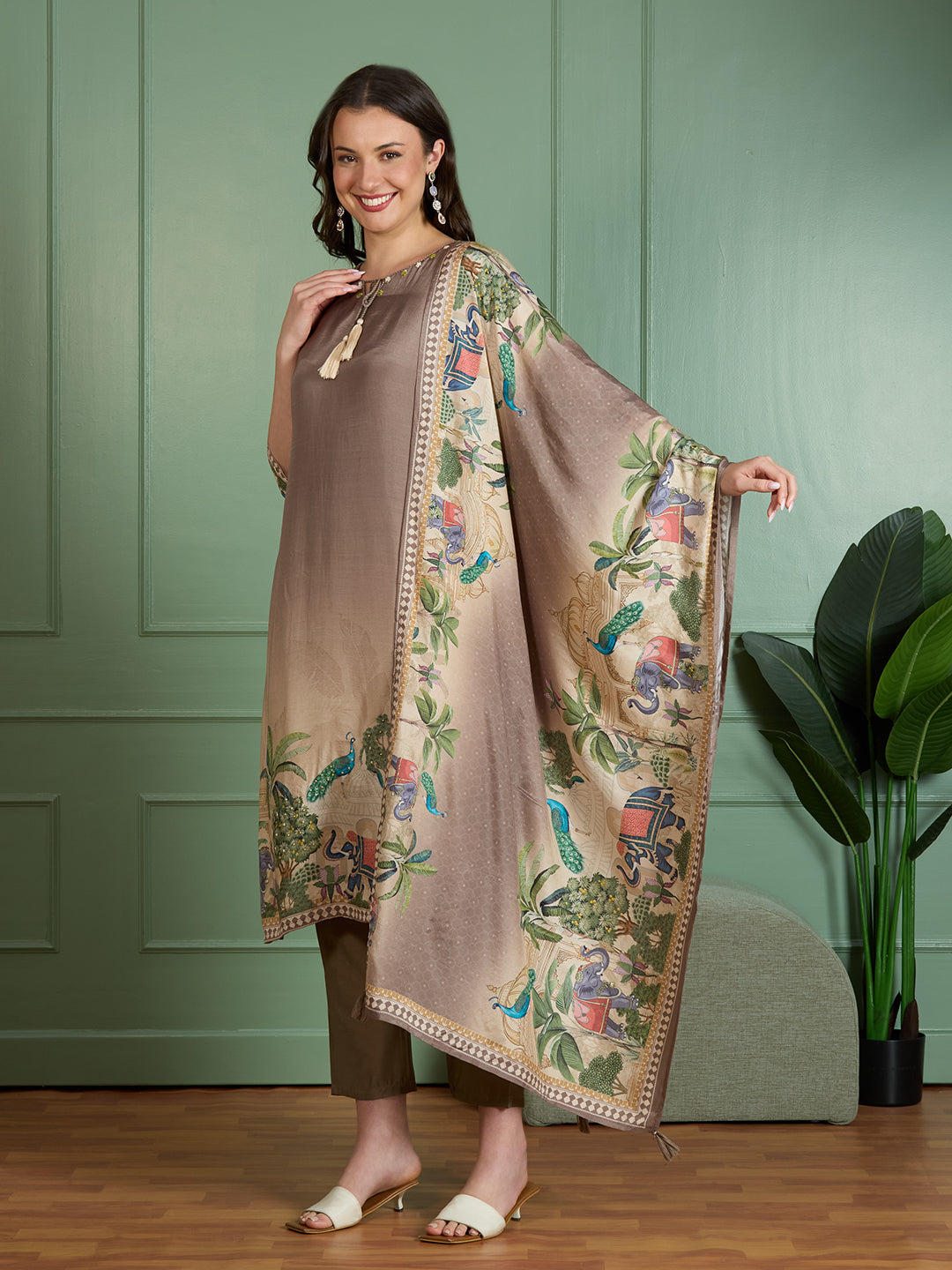 Festive Peacock Floral Printed Straight Fit Kurta with Pant and Dupatta - Taupe