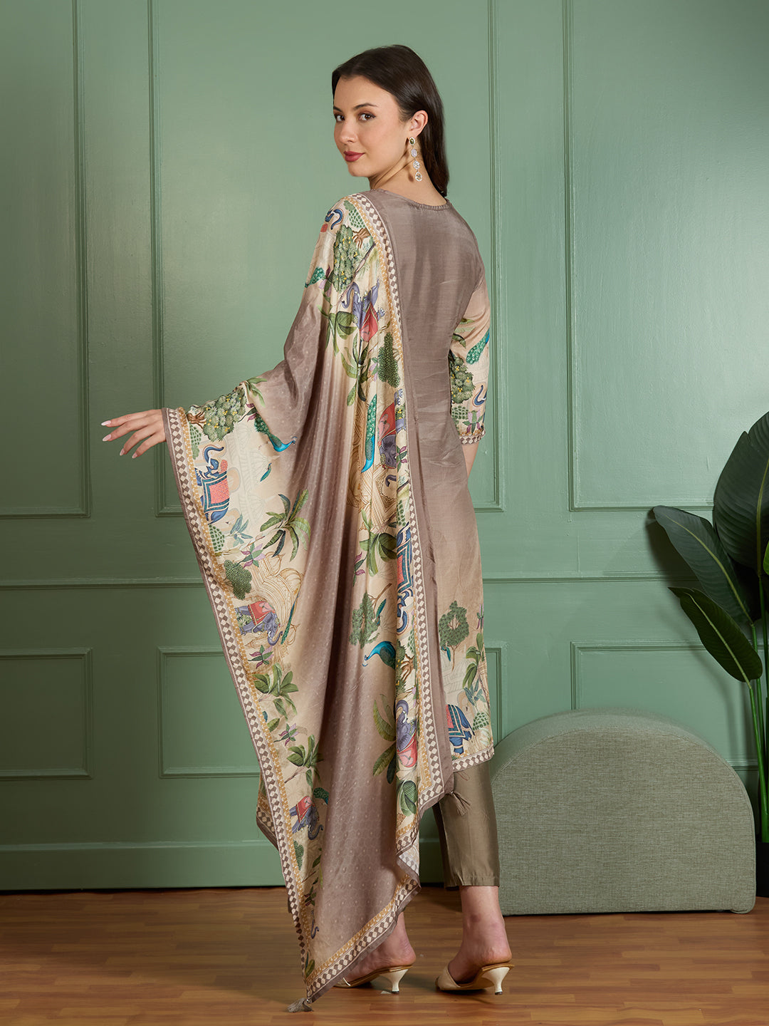 Festive Peacock Floral Printed Straight Fit Kurta with Pant and Dupatta - Taupe