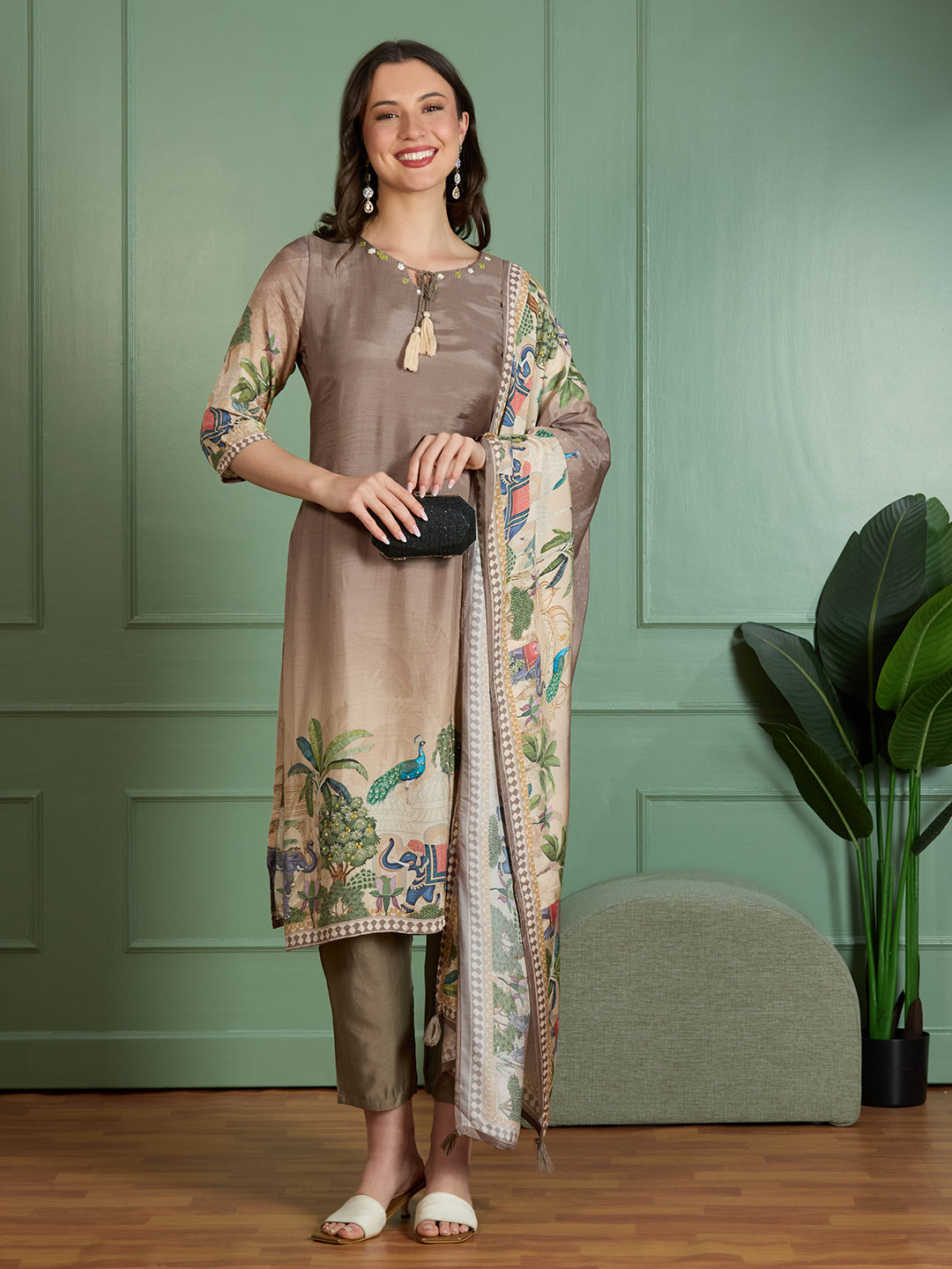 Festive Peacock Floral Printed Straight Fit Kurta with Pant and Dupatta - Taupe