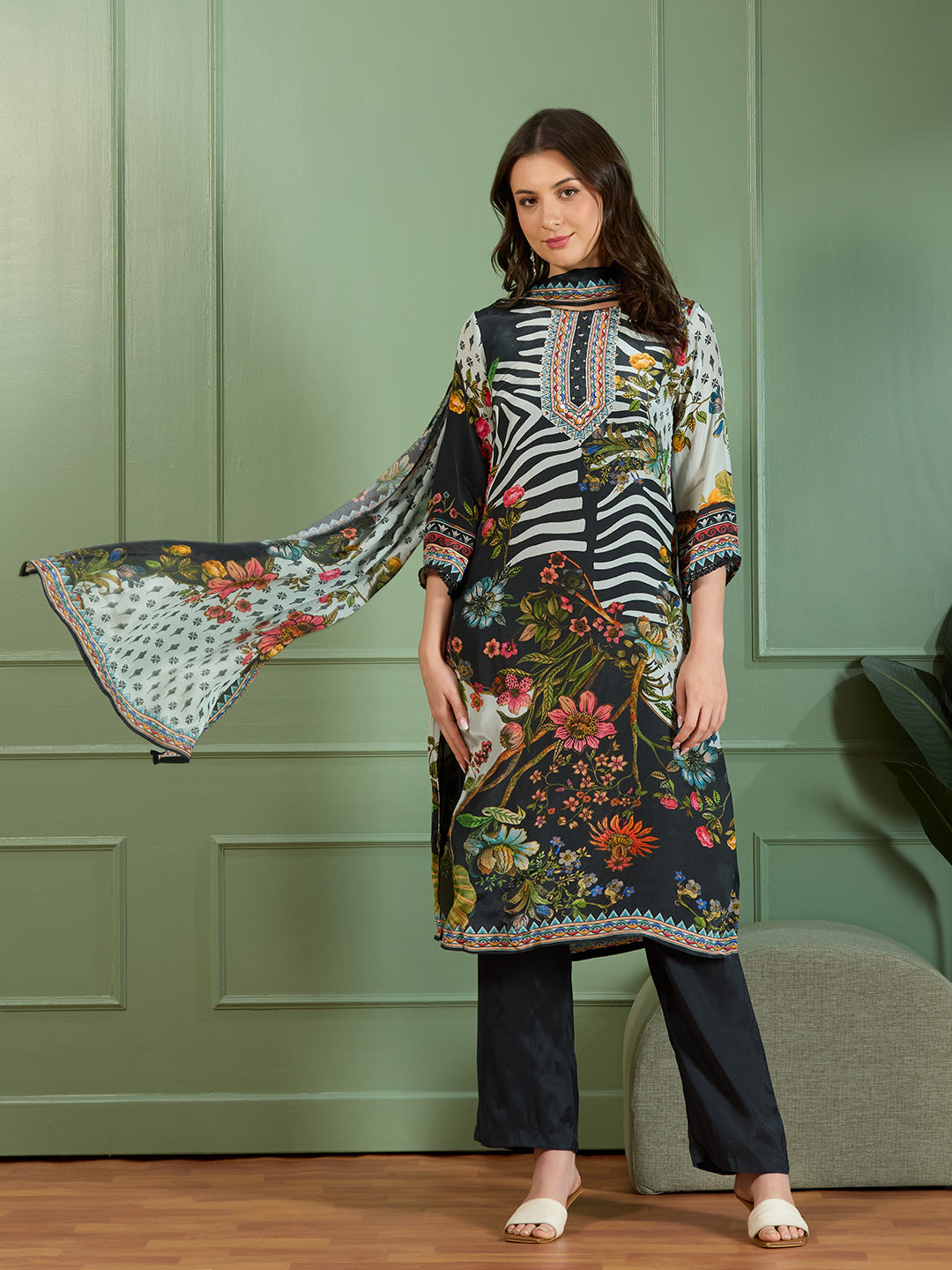 Abstract Floral Printed Embroidered Straight Fit Kurta with Pant and Dupatta - Black