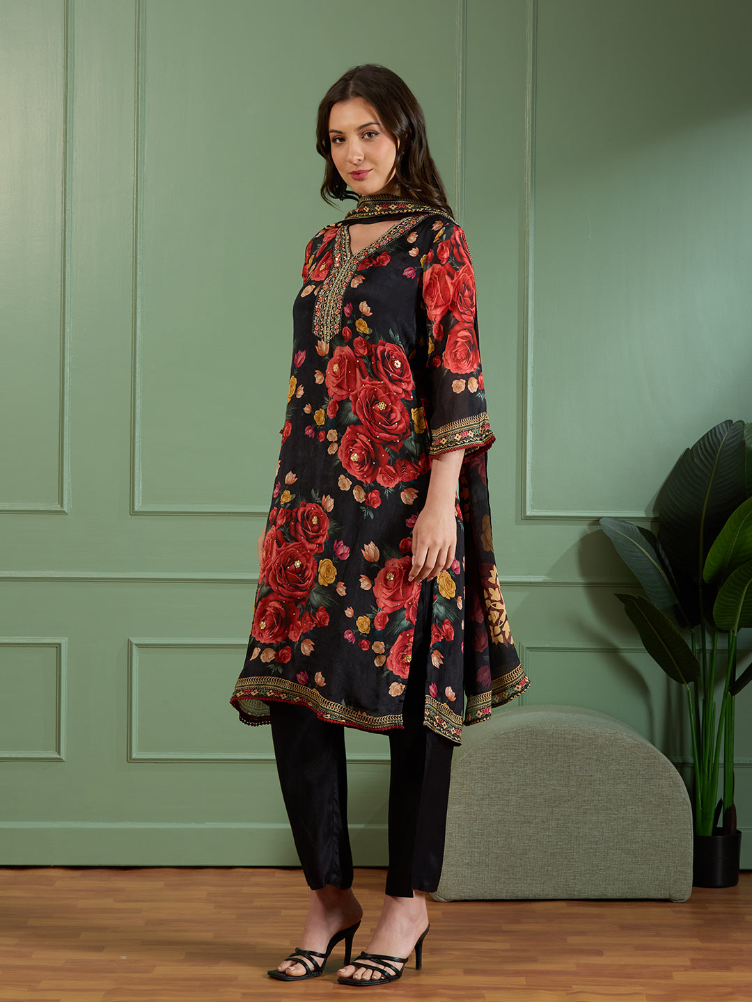 Festive Abstract Floral Printed Embroidered Straight Fit Kurta with Pant and Dupatta - Black