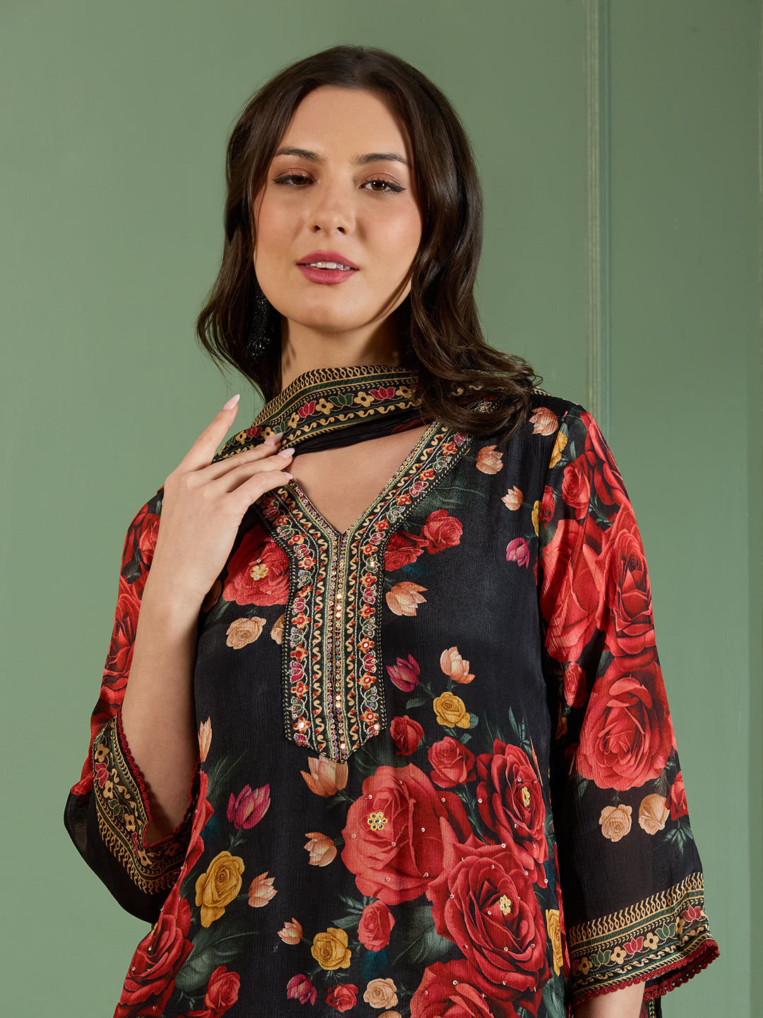 Festive Abstract Floral Printed Embroidered Straight Fit Kurta with Pant and Dupatta - Black