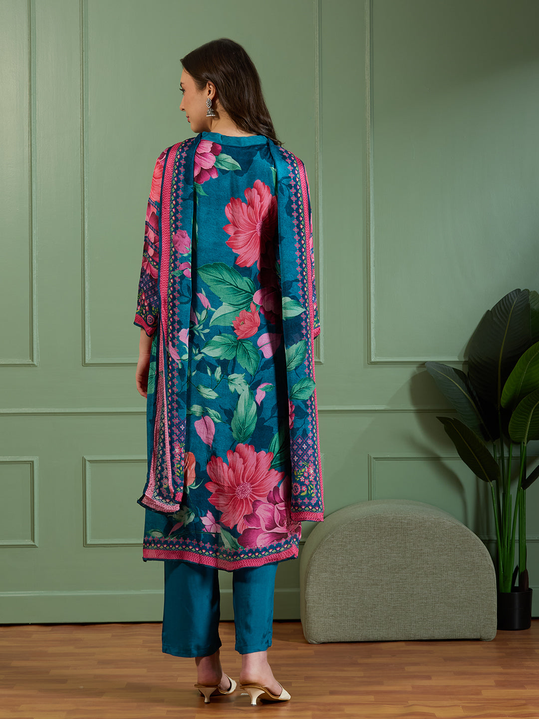 Abstract Floral Printed Embroidered Straight Fit Kurta with Pant and Dupatta - Teal Blue