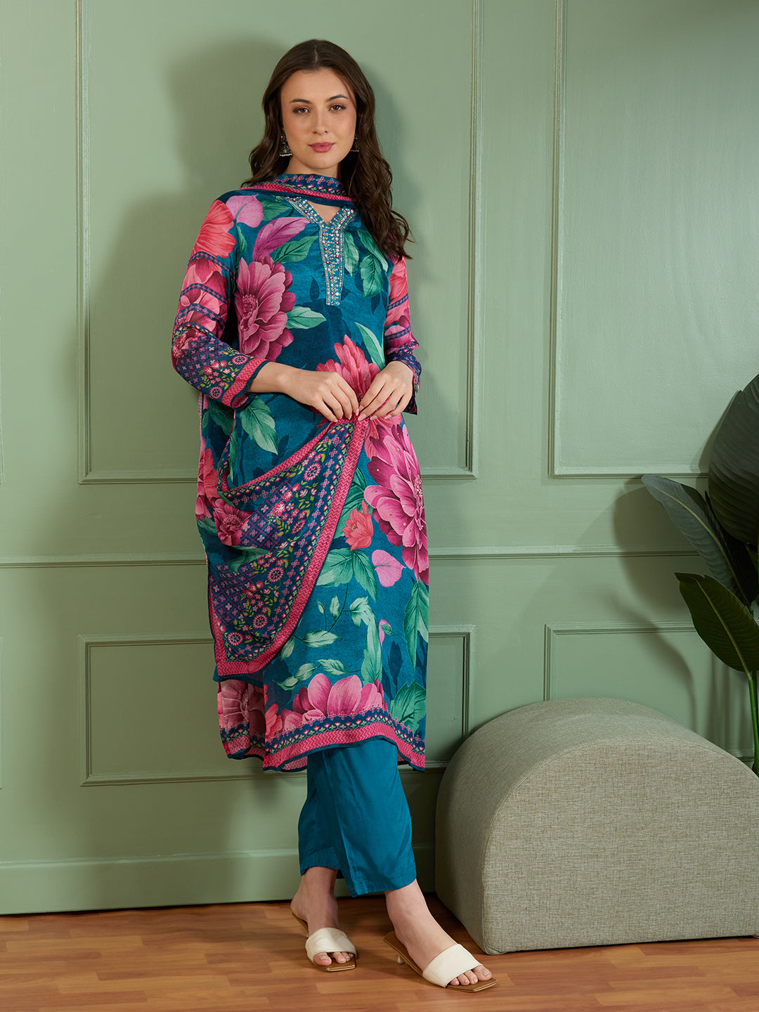 Abstract Floral Printed Embroidered Straight Fit Kurta with Pant and Dupatta - Teal Blue