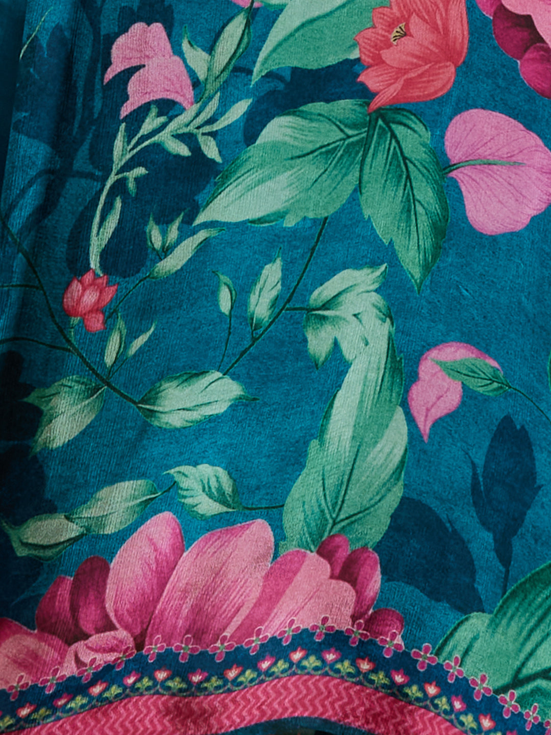 Abstract Floral Printed Embroidered Straight Fit Kurta with Pant and Dupatta - Teal Blue