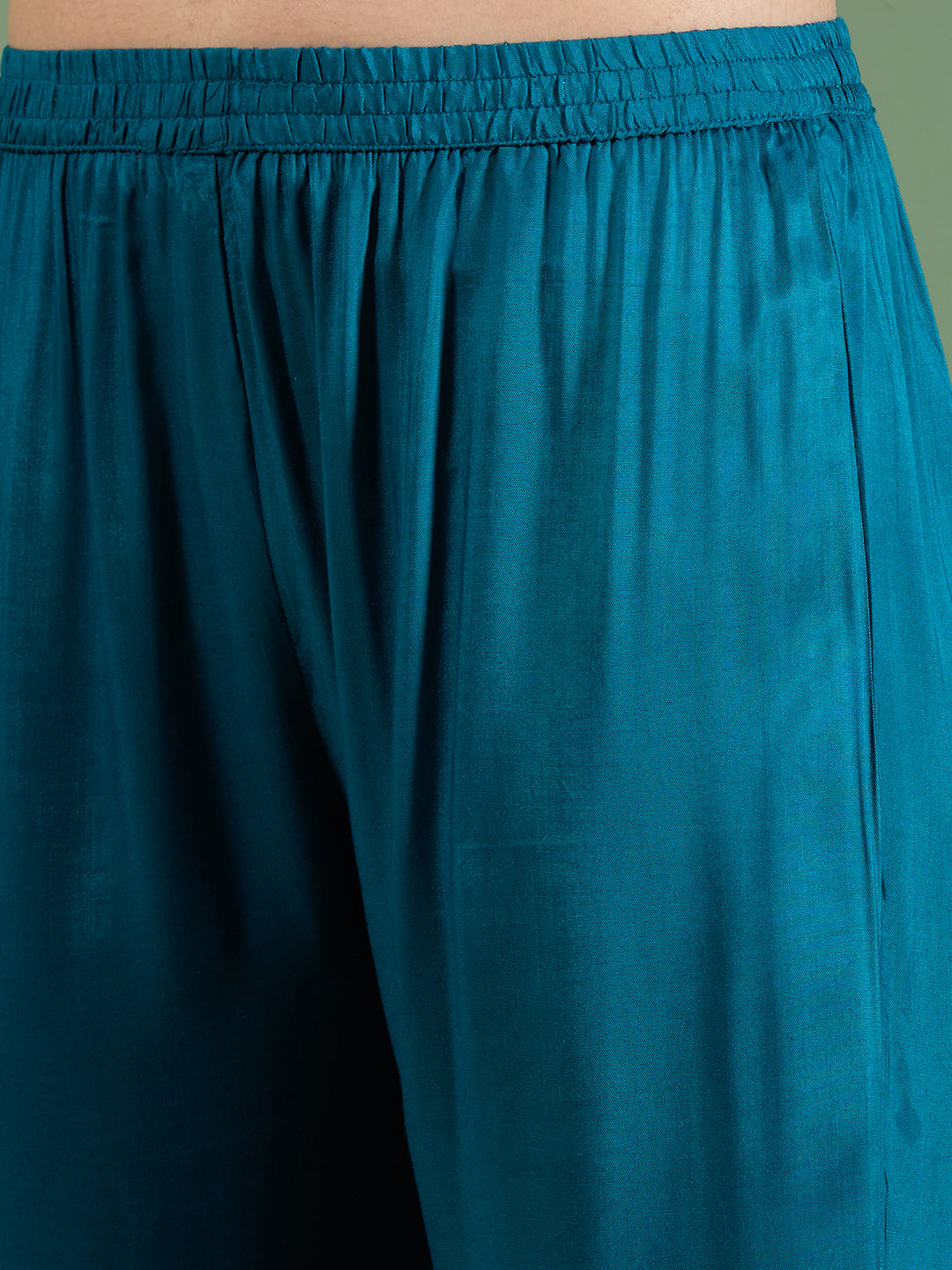 Abstract Floral Printed Embroidered Straight Fit Kurta with Pant and Dupatta - Teal Blue