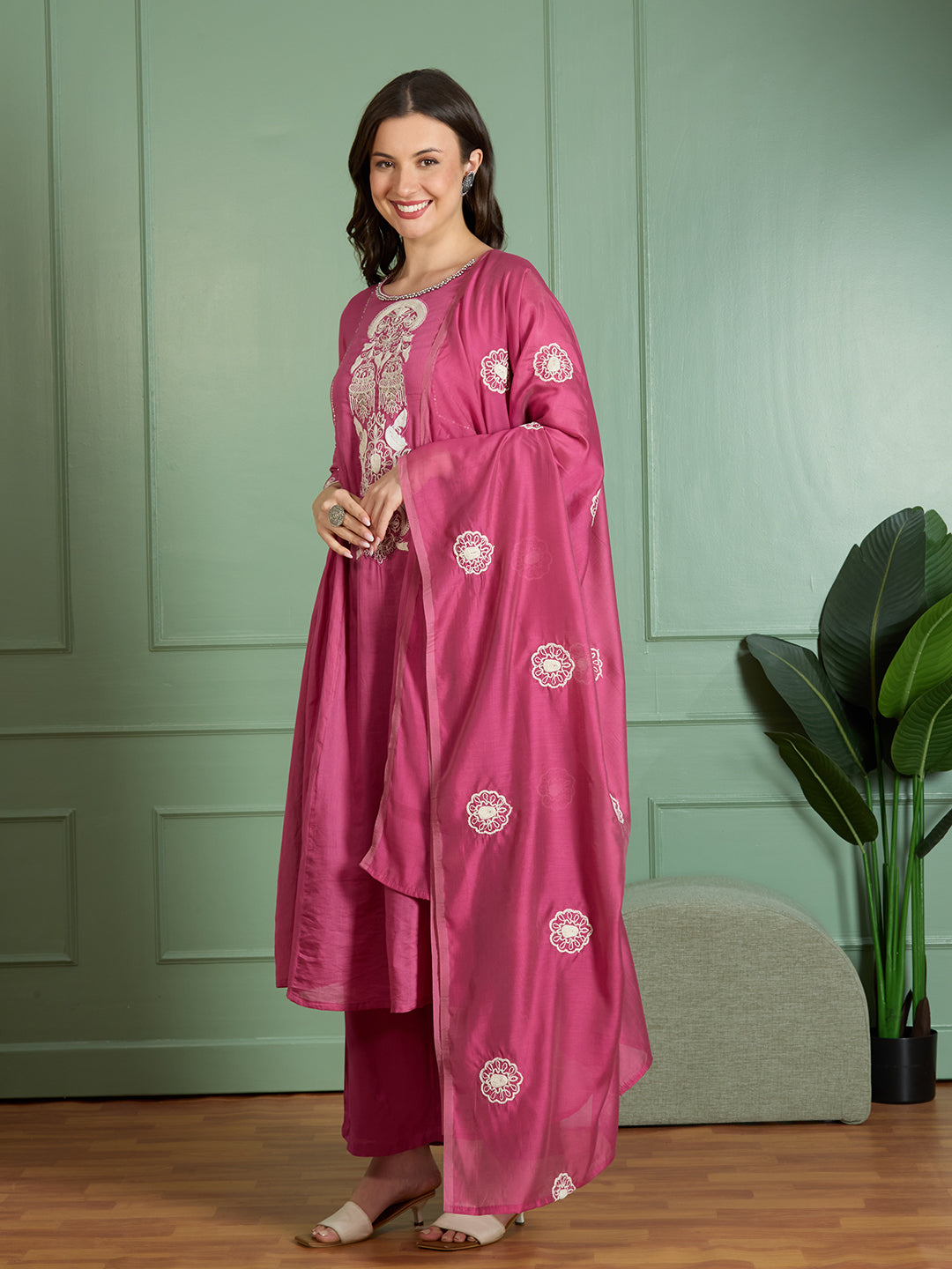 Solid Threadwork Embroidered A-Line Kurta with Pant & Dupatta - Pink