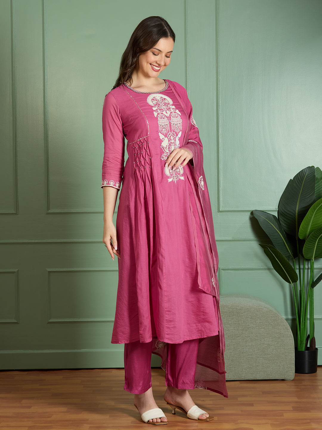 Solid Threadwork Embroidered A-Line Kurta with Pant & Dupatta - Pink
