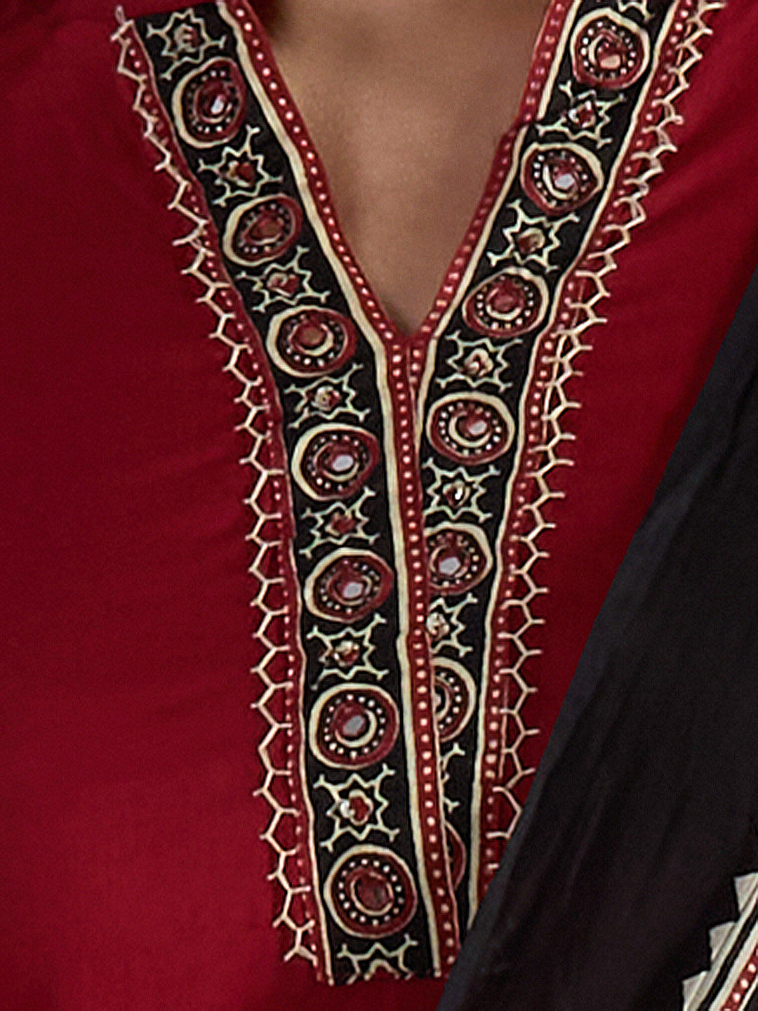 Ethnic Embroidered Straight Fit Kurta with Palazzo and Ajrakh Printed Dupatta - Maroon