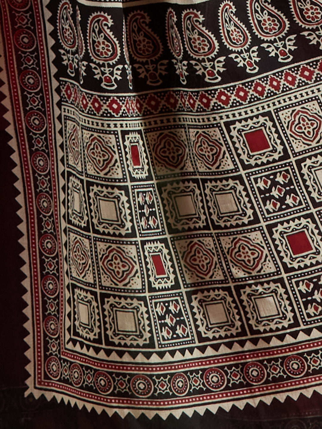 Ethnic Embroidered Straight Fit Kurta with Palazzo and Ajrakh Printed Dupatta - Maroon