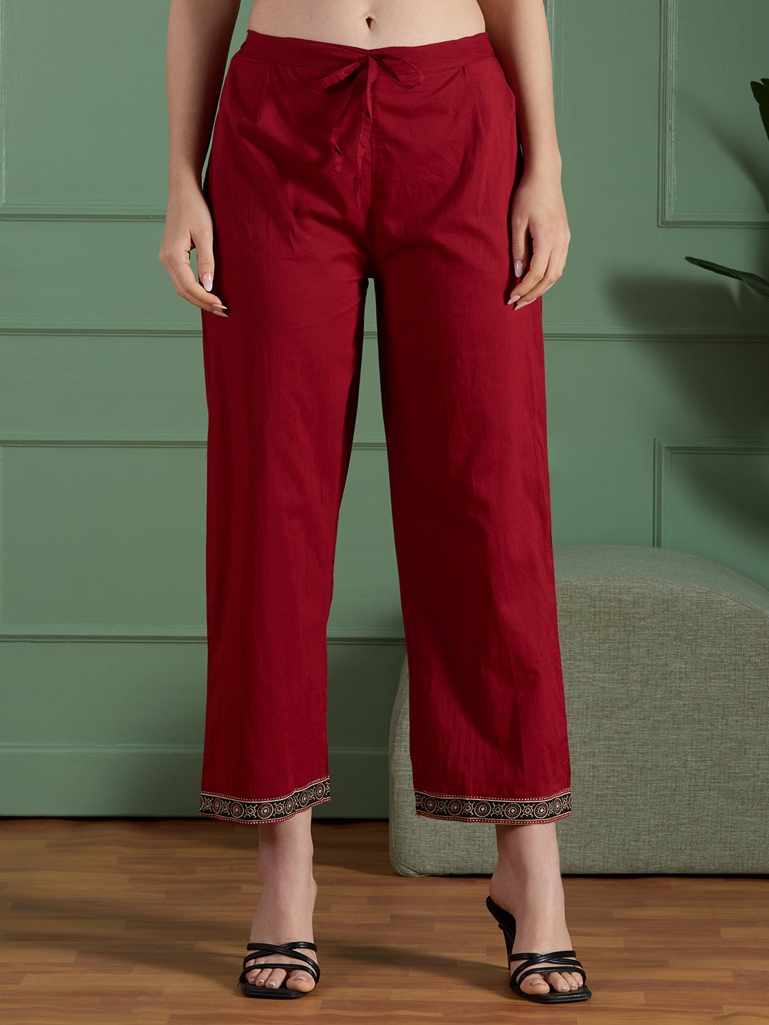 Ethnic Embroidered Straight Fit Kurta with Palazzo and Ajrakh Printed Dupatta - Maroon