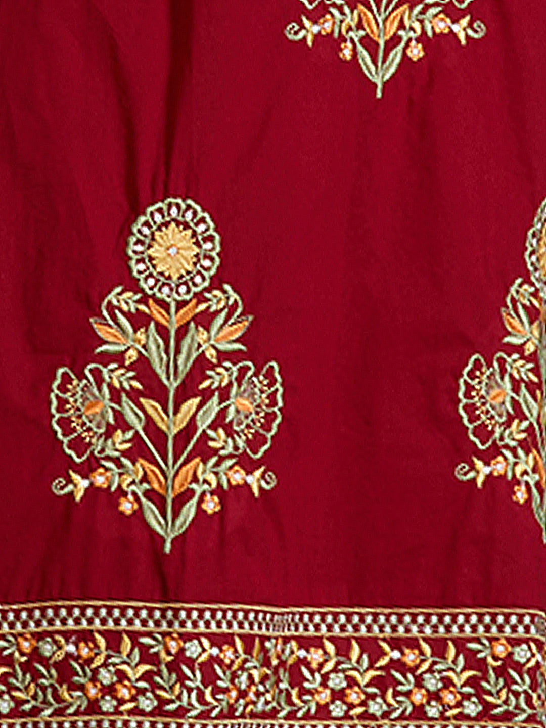 Solid Floral Threadwork Embroidered Straight Fit Kurta with Salwar and Dupatta - Maroon