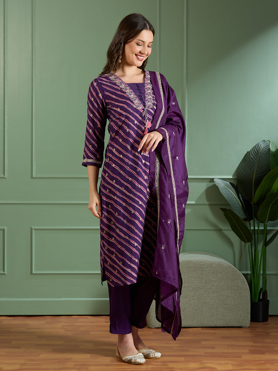 Leheriya Printed & Embroidered Straight Kurta with Pant & Dupatta - Purple
