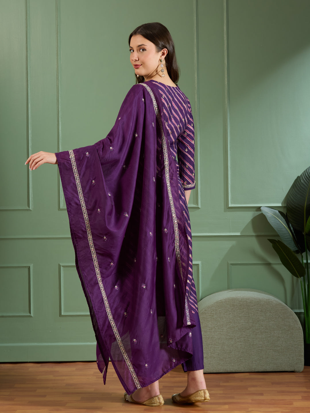 Leheriya Printed & Embroidered Straight Kurta with Pant & Dupatta - Purple