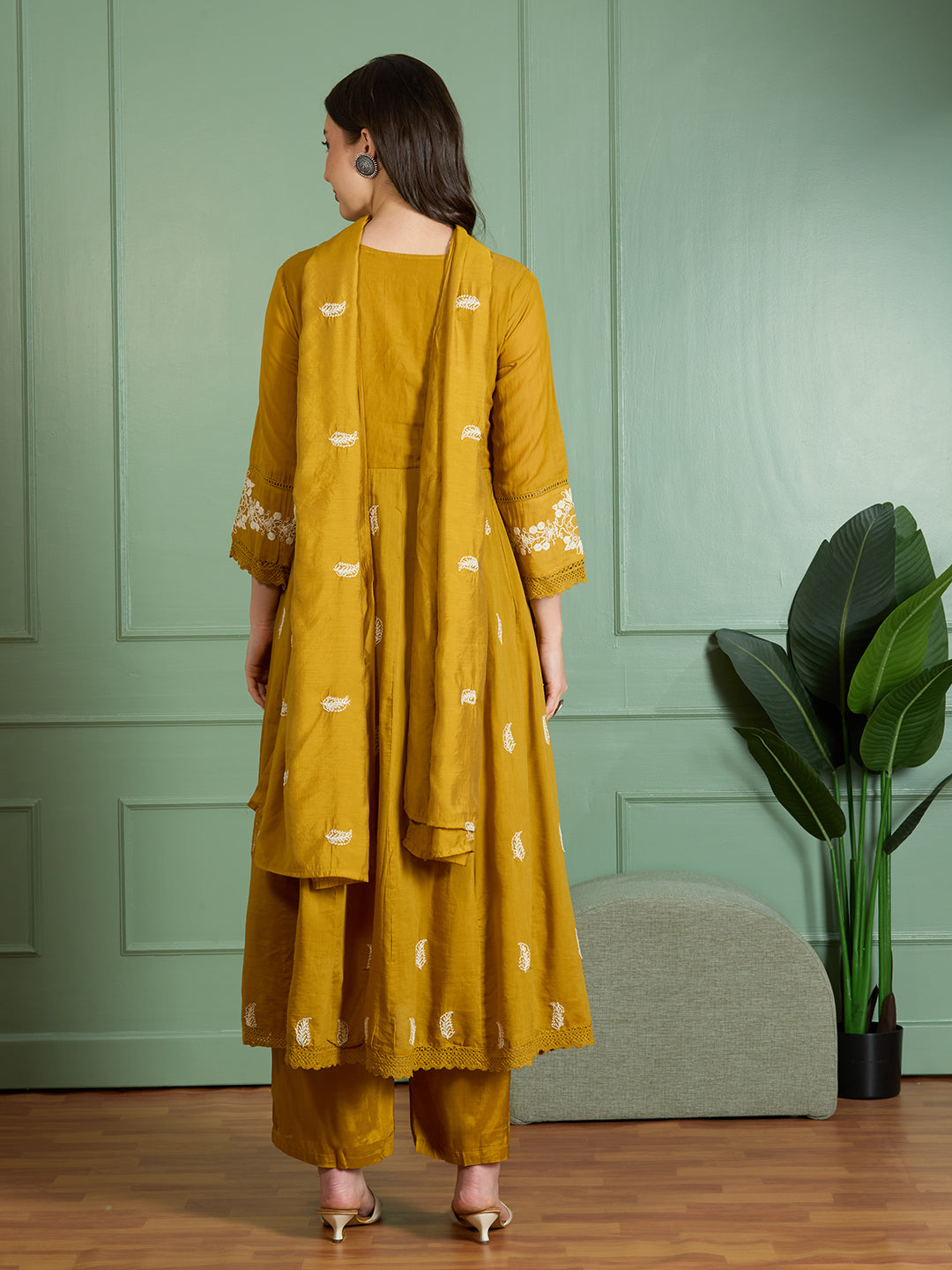 Solid Threadwork Embroidered A-Line Kurta with Pant & Dupatta - Mustard