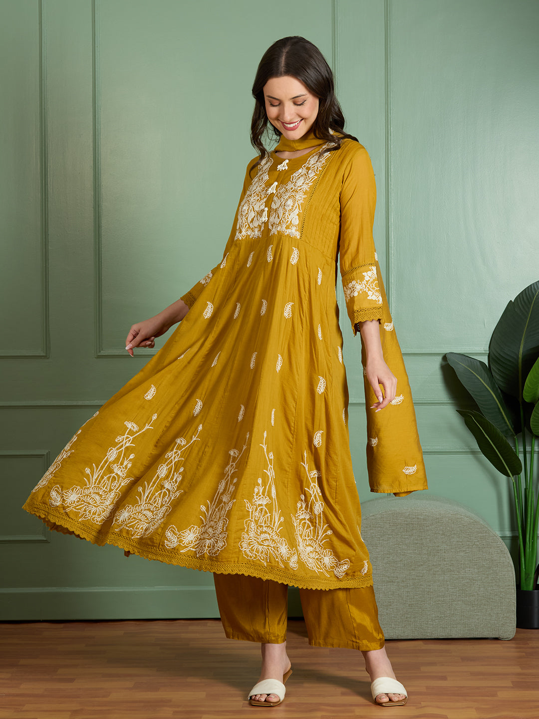 Solid Threadwork Embroidered A-Line Kurta with Pant & Dupatta - Mustard