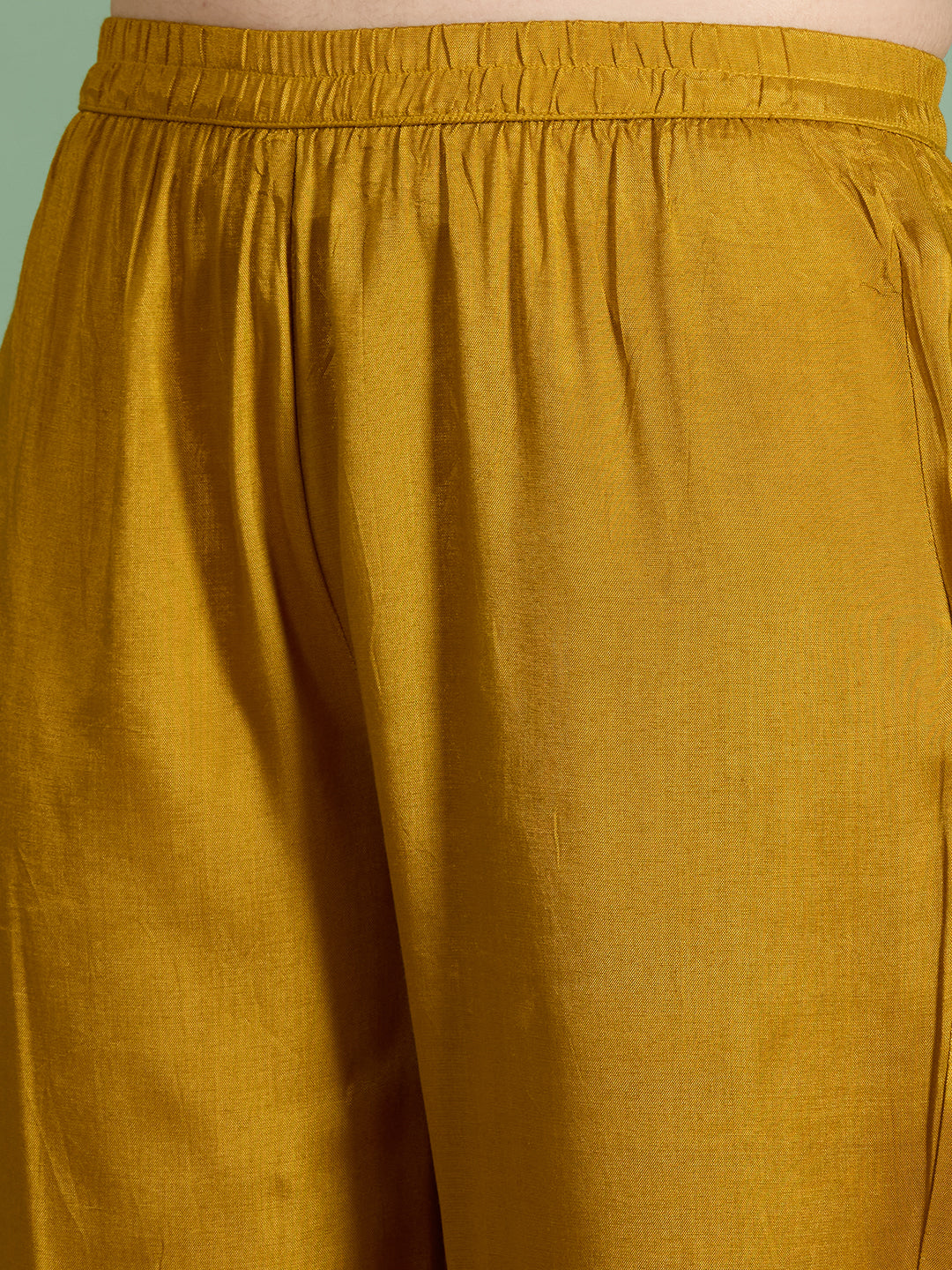 Solid Threadwork Embroidered A-Line Kurta with Pant & Dupatta - Mustard