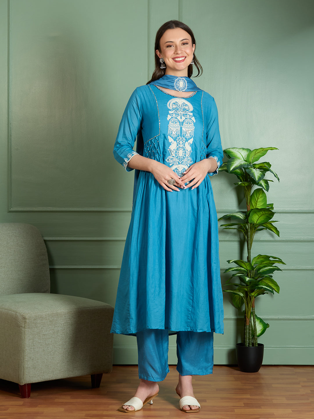 Solid Threadwork Embroidered A-Line Kurta with Pant & Dupatta - Blue