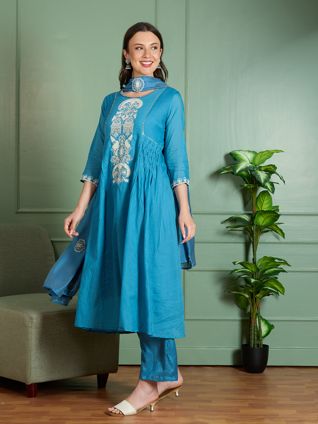 Solid Threadwork Embroidered A-Line Kurta with Pant & Dupatta - Blue