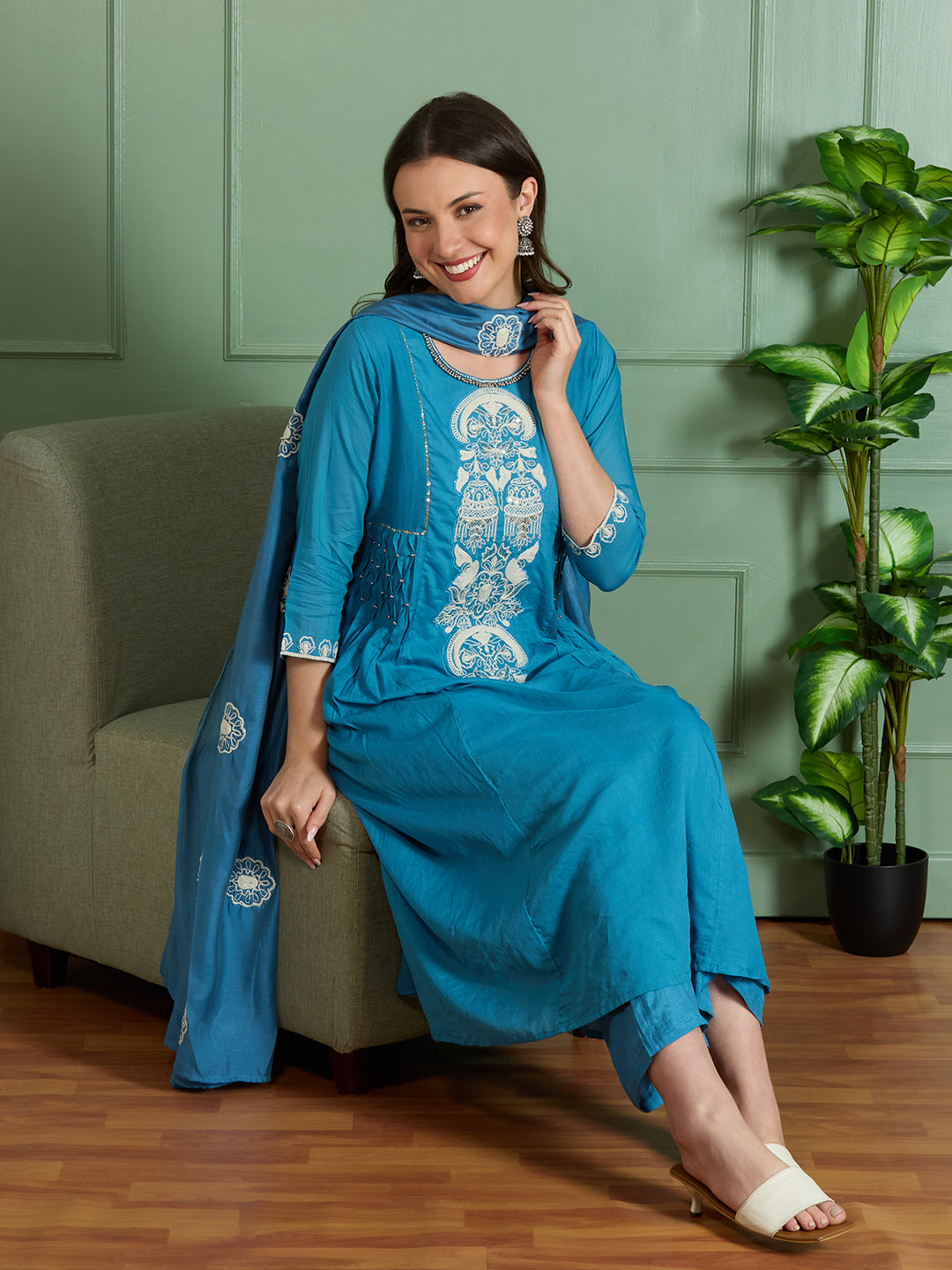 Solid Threadwork Embroidered A-Line Kurta with Pant & Dupatta - Blue