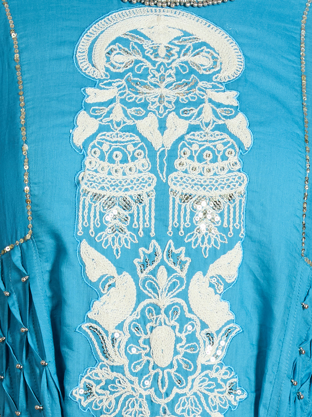 Solid Threadwork Embroidered A-Line Kurta with Pant & Dupatta - Blue