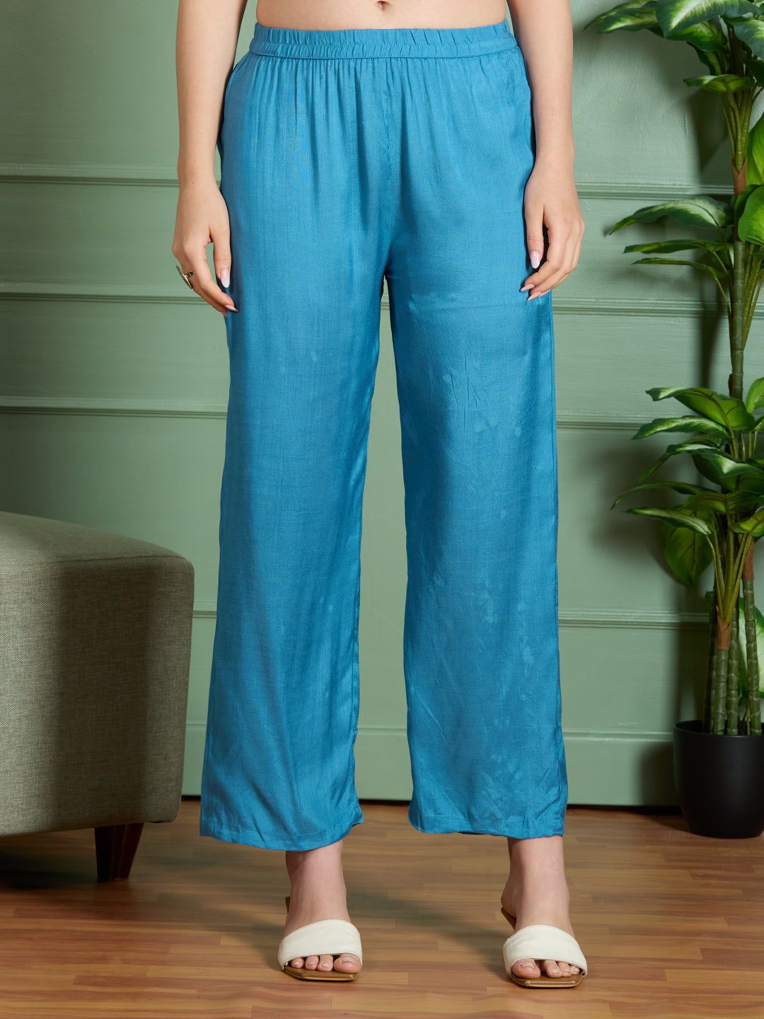 Solid Threadwork Embroidered A-Line Kurta with Pant & Dupatta - Blue