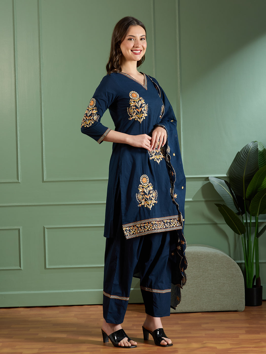 Solid Floral Threadwork Embroidered Straight Fit Kurta with Salwar and Dupatta - Navy Blue
