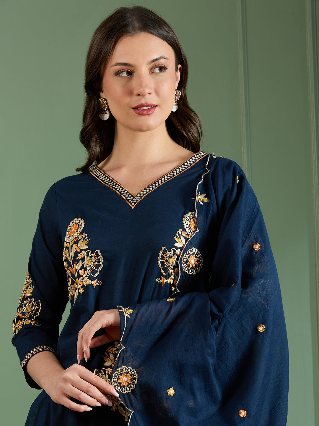 Solid Floral Threadwork Embroidered Straight Fit Kurta with Salwar and Dupatta - Navy Blue