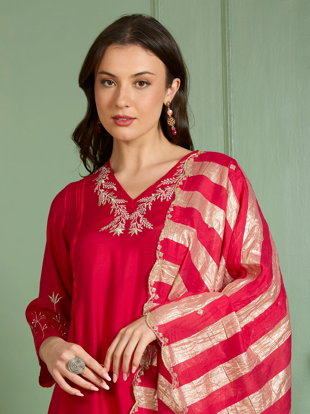 Festive Floral Zari Embroidered Straight Fit Kurta with Pant and Dupatta - Red