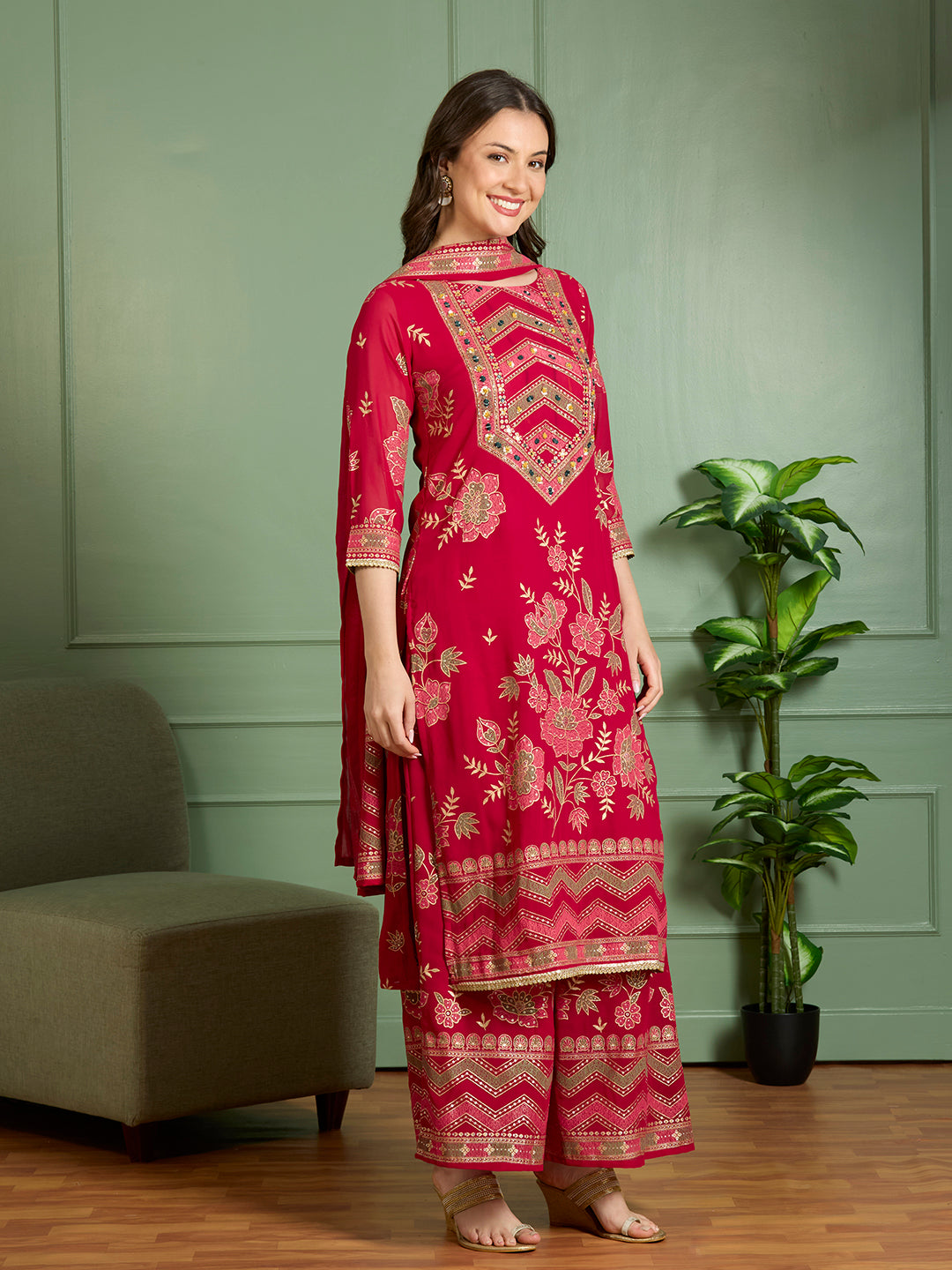 Ethnic Floral Printed Embroidered Straight Fit Kurta with Palazzo and Dupatta - Red