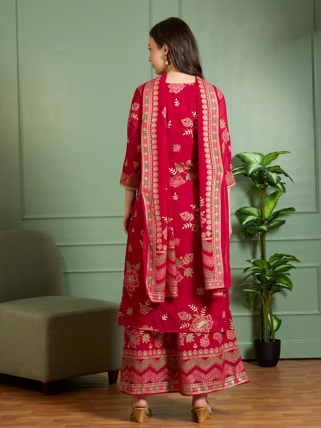 Ethnic Floral Printed Embroidered Straight Fit Kurta with Palazzo and Dupatta - Red
