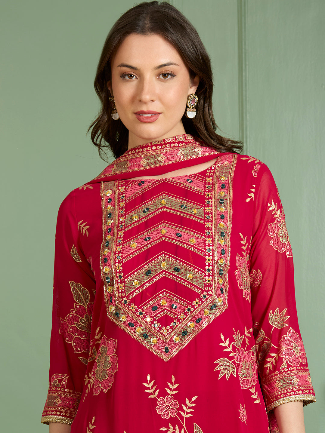 Ethnic Floral Printed Embroidered Straight Fit Kurta with Palazzo and Dupatta - Red