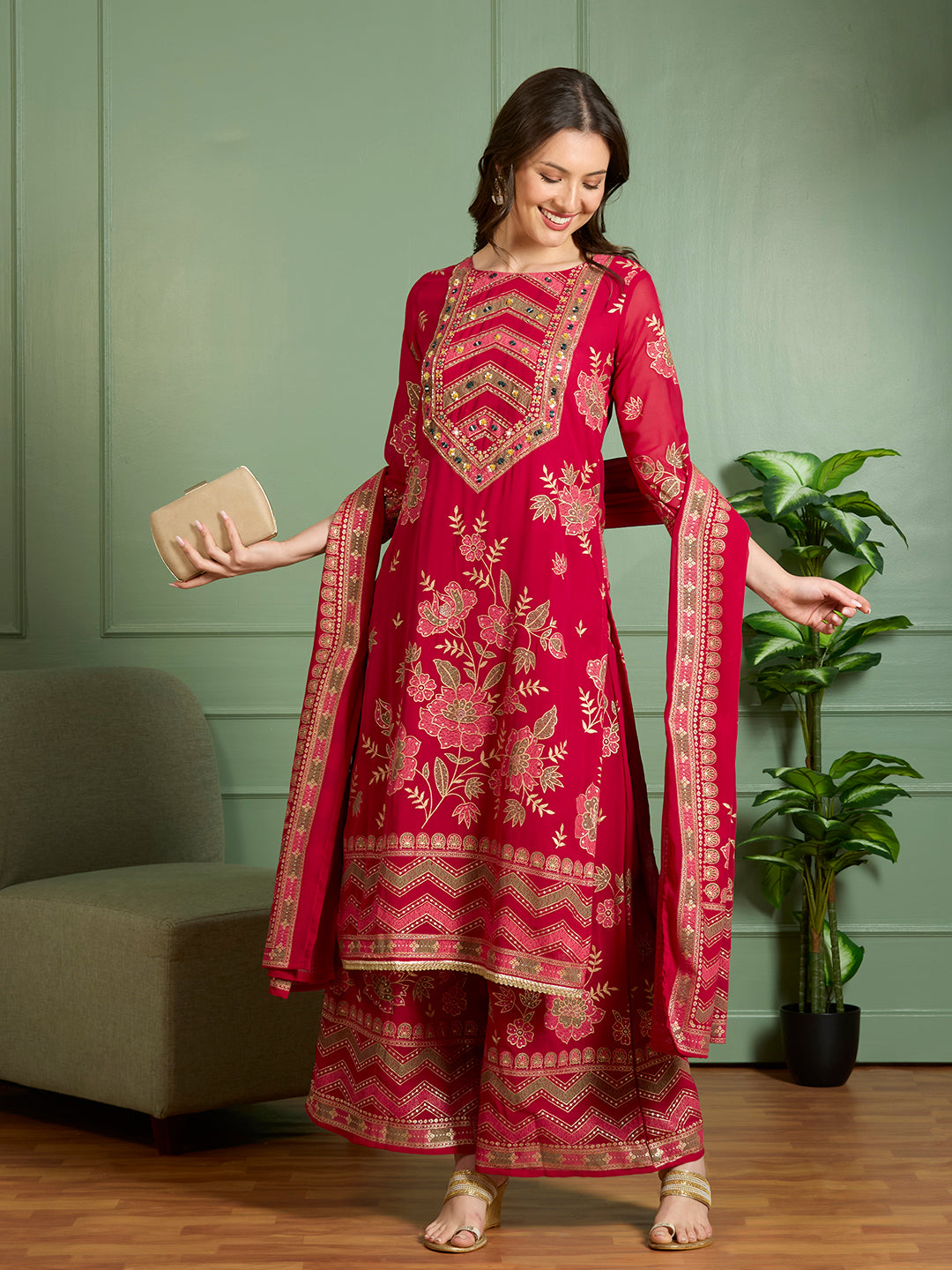 Ethnic Floral Printed Embroidered Straight Fit Kurta with Palazzo and Dupatta - Red