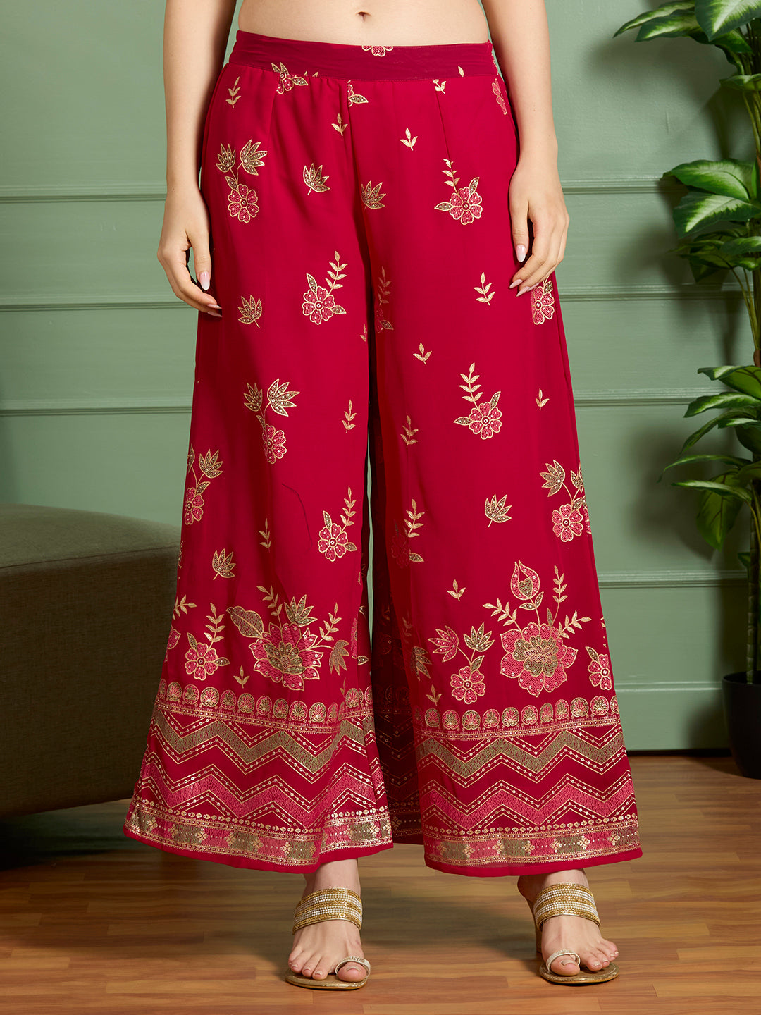 Ethnic Floral Printed Embroidered Straight Fit Kurta with Palazzo and Dupatta - Red