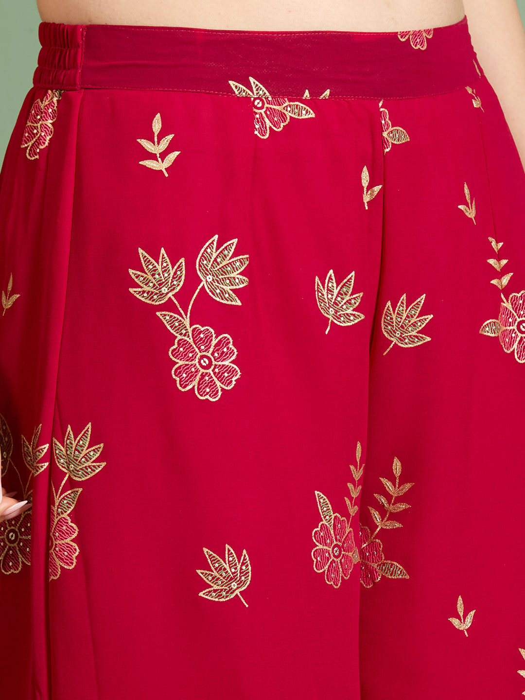 Ethnic Floral Printed Embroidered Straight Fit Kurta with Palazzo and Dupatta - Red