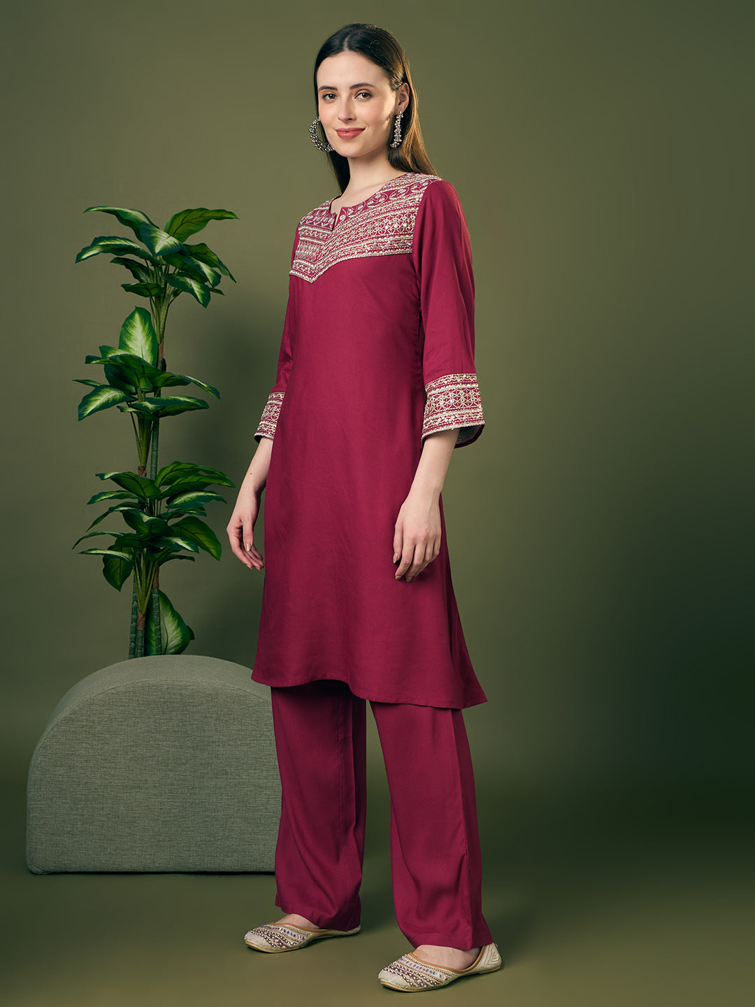 Solid Zari Embroidered A-Line Co-ord Set - Burgundy