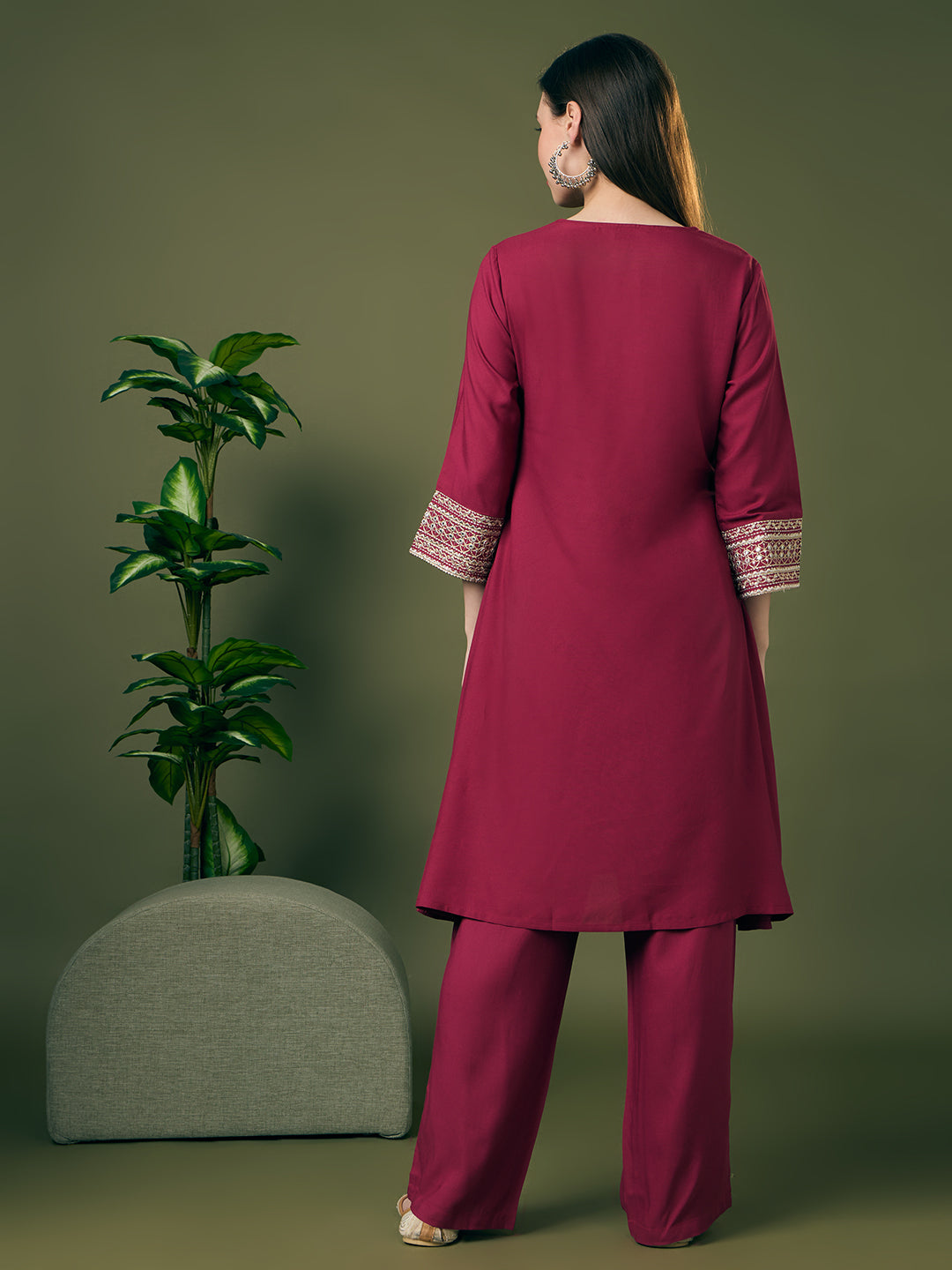 Solid Zari Embroidered A-Line Co-ord Set - Burgundy