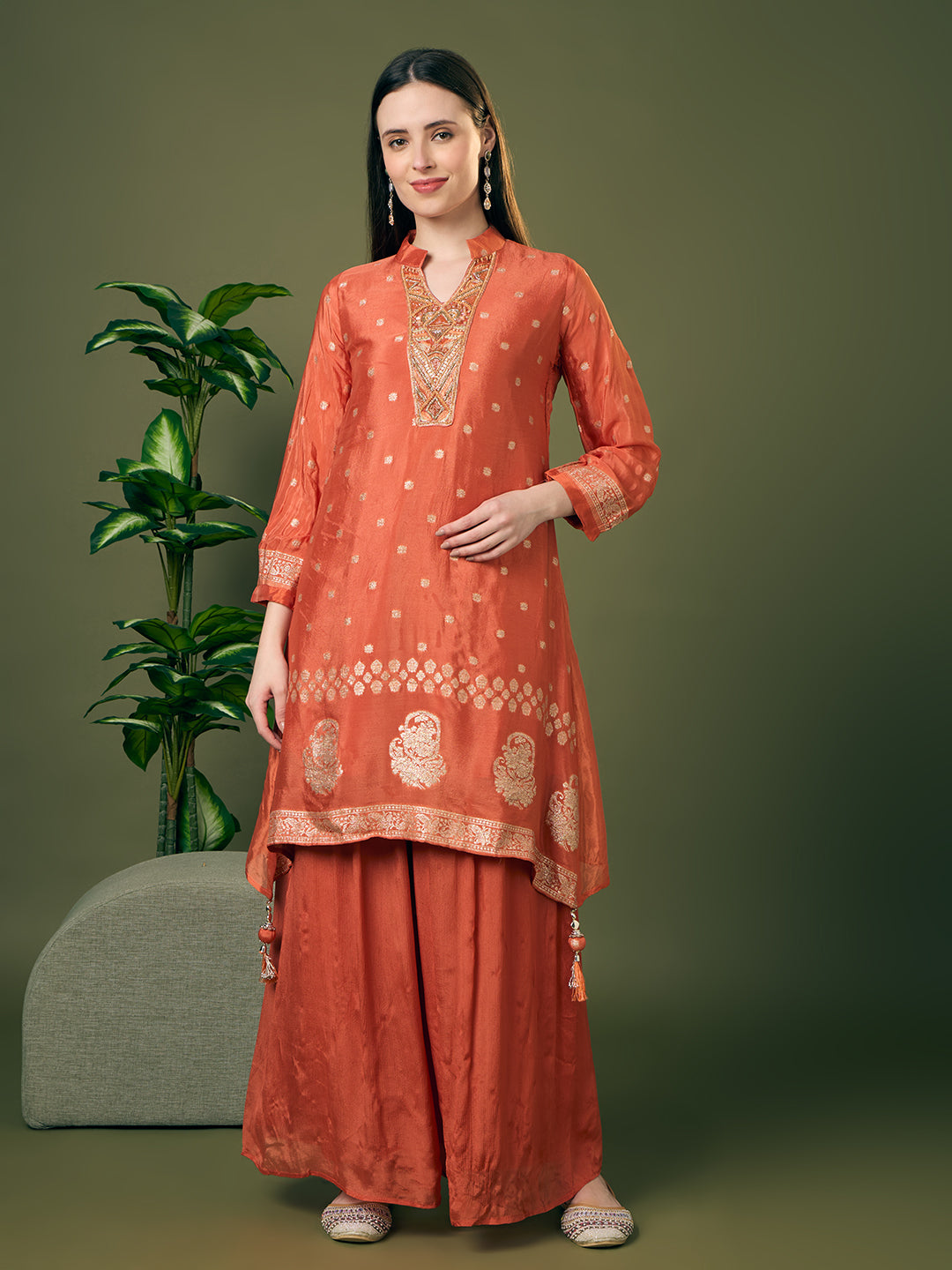 Festive Solid Floral Woven A-Line Kurta with Flared Palazzo - Peach